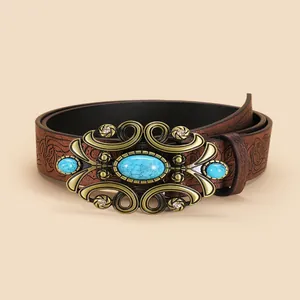 Vintage PU leather belt with turquoise stone buckle and bohemian embossed patterns