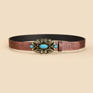 Women Vintage PU Leather Belt With Turquoise Buckle Ethnic Floral Embossed Waistband Bohemian Western Cowboy Style Accessory