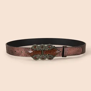 Ceinture rétro en PU avec motif gaufré et boucle en bronze sertie de pierres