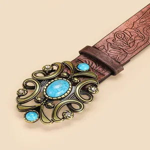 Vintage PU leather belt with embossed roses, turquoise buckle and bronze metal accents