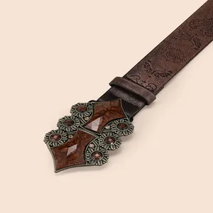 Ceinture vintage en cuir PU avec boucle fleurie en bronze et papillon gaufré marron foncé
