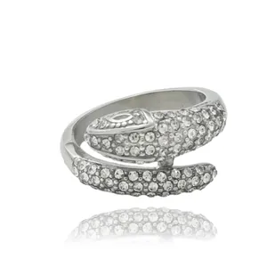 Macro detail of silver snake ring with pavé-set clear cubic zirconia crystals