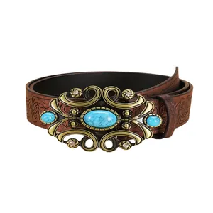 Bohemian PU leather belt with vintage floral buckle and blue turquoise stones
