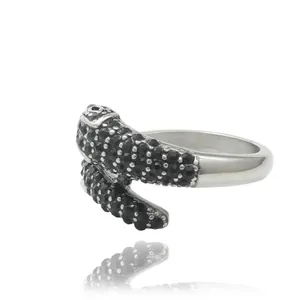 Vintage punk snake ring in polished stainless steel with black micro-pave stones