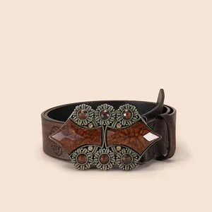 Ceinture Vintage Bohème pour Femmes Similicuir Gaufrage Floral Boucle en Alliage Sculpté Pierres en Résine Style Ethnique