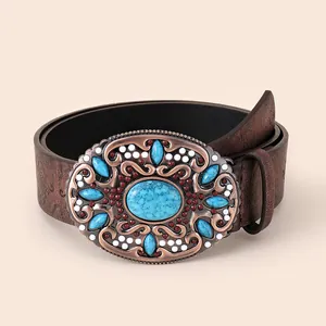 Bohemian dark brown embossed PU belt with turquoise vintage metal buckle and ethnic patterns