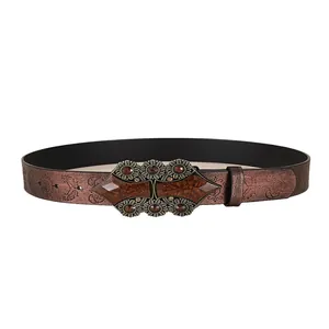 Ceinture vintage en similicuir avec motifs papillon et boucle en pierre d'ambre