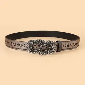 Vintage bronze women's belt with rhinestone star pattern and luxury wavy metal buckle