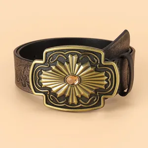 Women's Vintage Embossed Faux Leather Belt Bohemian Western Style Wide Waistband With Large Engraved Metal Buckle