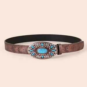 Vintage Bohemian Western Faux Leather Belt For Women Floral Butterfly Embossed Large Turquoise Metal Buckle Ethnic Waistband