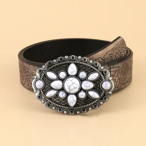 Vintage Bohemian Women Wide Faux Leather Belt Floral Embossed Rose Pattern Large Alloy Oval White Gemstone Buckle Fashion Accessory