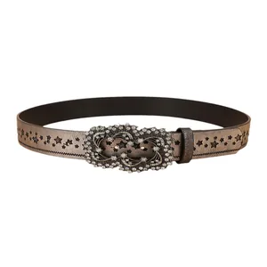 Vintage women's belt with embossed pentagram patterns and sparkling rhinestone buckle