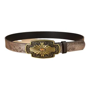 Bohemian vintage belt with bronze embossed vine pattern and large golden gem buckle