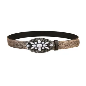 Vintage bohemian embossed belt with white stone buckle and floral rose leather patterns