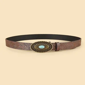 Damen Vintage Bohemian Geprägter Kunstledergürtel Mit Großer Ovaler Türkis-Schnalle Western Ethnic Style Taillengürtel