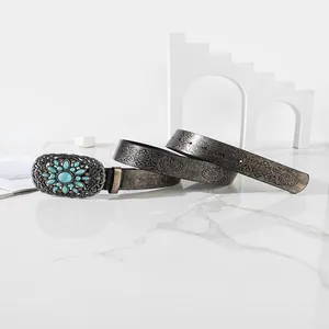 Women Vintage Embossed PU Leather Belt With Large Rhinestone Turquoise Buckle Bohemian Wide Waist Belt For Dresses