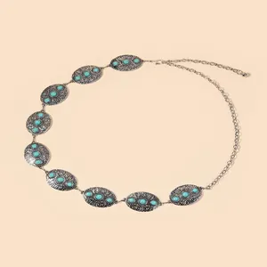 Böhmische silberne Taillenkette mit gravierten Platten und blauen Türkis-Akzenten