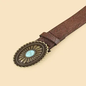 Vintage-Boho-Ledergürtel in Braun mit Blumenprägung und Türkis-Schnalle