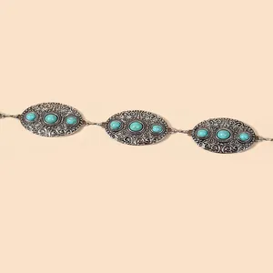 Vintage Bohème Taillenkette mit verzierten Metallplatten und Türkissteinen für Kleider
