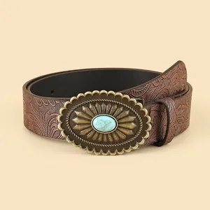 Brauner Vintage-Ledergürtel im Western-Stil mit Blumenprägung und Türkis-Schnalle