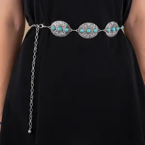 Vintage Böhmische Metall Taillenkette Mit Synthetischem Türkis Geschnitzte Legierung Gürtel Für Damen Kleid Verstellbarer Schmuck