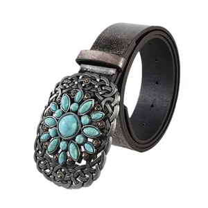 Vintage bohemian leather belt with engraved turquoise buckle and brown rhinestones