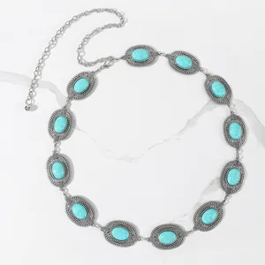 Bohemian Vintage Silver Metal Waist Chain For Women Carved Oval Synthetic Turquoise Inlaid Adjustable Belly Belt Jewelry