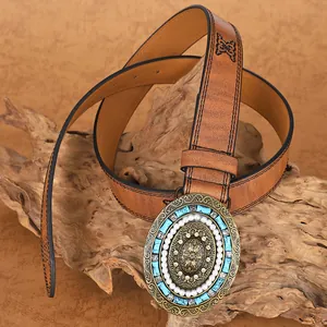 Ceinture vintage en cuir avec grande boucle florale ornée de turquoise et perles