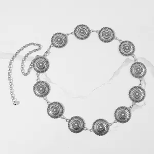 Cintura a Catena da Vita Donna Vintage Bohémien Metallo Argento Intaglio di Girasole Regolabile Cintura per Festa Gioielli