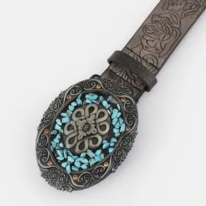 Bohemian vintage waist belt with large floral oval buckle and turquoise inlay