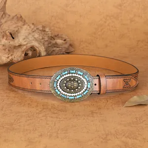Ceinture vintage en cuir pour femme avec boucle turquoise et perles de style bohème