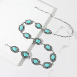 Bohemian silver waist chain with turquoise stones and vintage engraved floral patterns