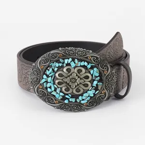 Bohemian Western Cowboy PU Leather Belt For Women Retro Embossed Floral Buckle Turquoise Rhinestone Decorative Waist Seal