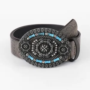 Cintura in Pelle PU Western Vintage da Donna Grande Fibbia Ovale Incisa Con Turchese Strass Cinturino in Rilievo Floreale