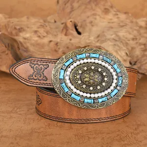 Ceinture bohème en cuir marron avec boucle vintage en turquoise et perles sur bois