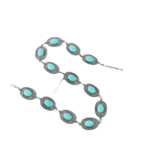 Bohemian silver alloy waist chain with oval turquoise stones and adjustable lobster clasp