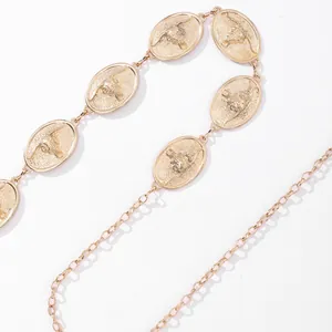 Bohemian gold metal waist chain with embossed bull head oval plates in vintage style