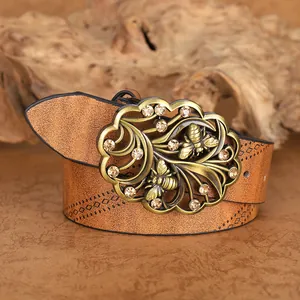 Vintage Böhmisch Damen PU Leder Gürtel Mit Hohl Biene Strass Schnalle Geometrische Prägung Hüftgurt Für Kleid