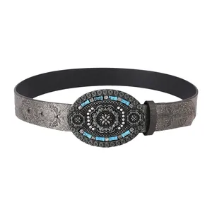 Cintura argento vintage con rilievi floreali e fibbia ovale con pietra preziosa blu