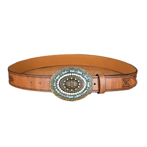 Ceinture vintage en cuir marron pour femme avec boucle florale sertie de perles et turquoise