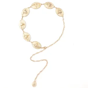 Bohemian gold metal waist chain with embossed bull head patterns in a vintage western style