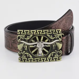 Western cowboy leather belt featuring embossed bull head buckle and eagle patterns