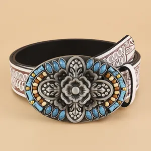 Bohemian white leather belt with vintage floral buckle and turquoise stone accents