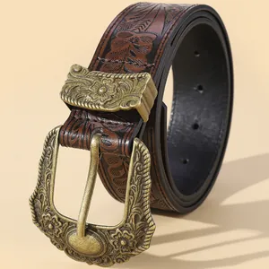 Vintage brown leather belt with floral embossing and antique bronze carved buckle