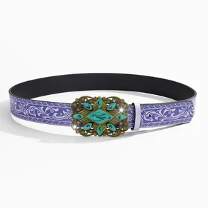 Purple retro faux leather belt with bohemian hollow metal buckle and turquoise inlay