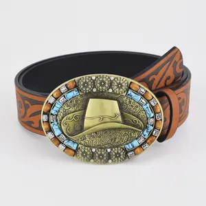 Bohemian western brown leather belt with embossed floral pattern and cowboy hat buckle