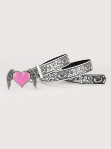 Detail of pink heart wing buckle and white floral printed Y2K aesthetic PU leather belt