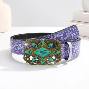 Women Vintage Purple PU Leather Belt Large Bronze Hollow Buckle Turquoise Rhinestone Floral Pattern Boho Ethnic Waistband