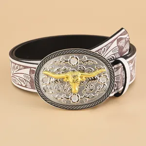 Vintage western cowboy belt with embossed bull head buckle and floral pattern