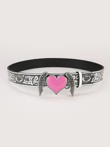 Detail of pink heart buckle with silver wings on a baroque pattern leather belt